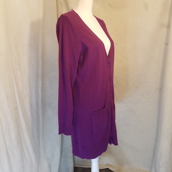 Extra Long Purple LowV Neck Button Down Cardigan - Picture 1 of 8